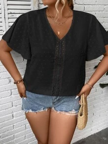 SHEIN LUNE 大碼圓點蕾絲拼接蝴蝶袖襯衫 - 黑色 - 查看 6