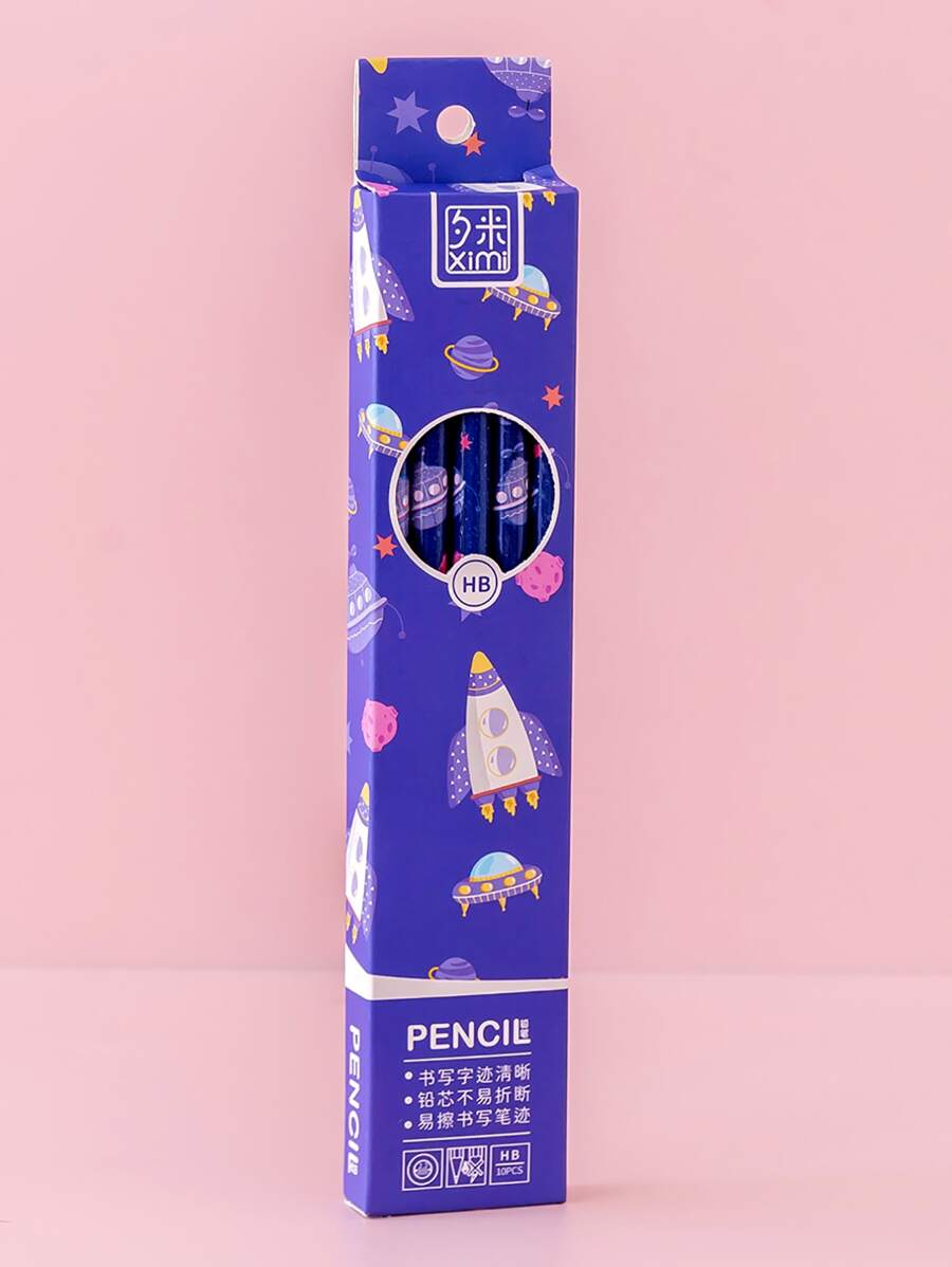 10支卡通圖形鉛筆，卡通火箭印花木鉛筆，適合學生