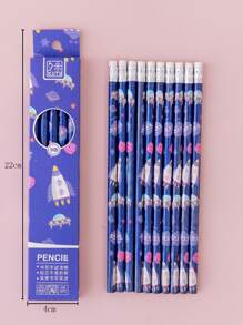10支卡通圖形鉛筆，卡通火箭印花木鉛筆，適合學生