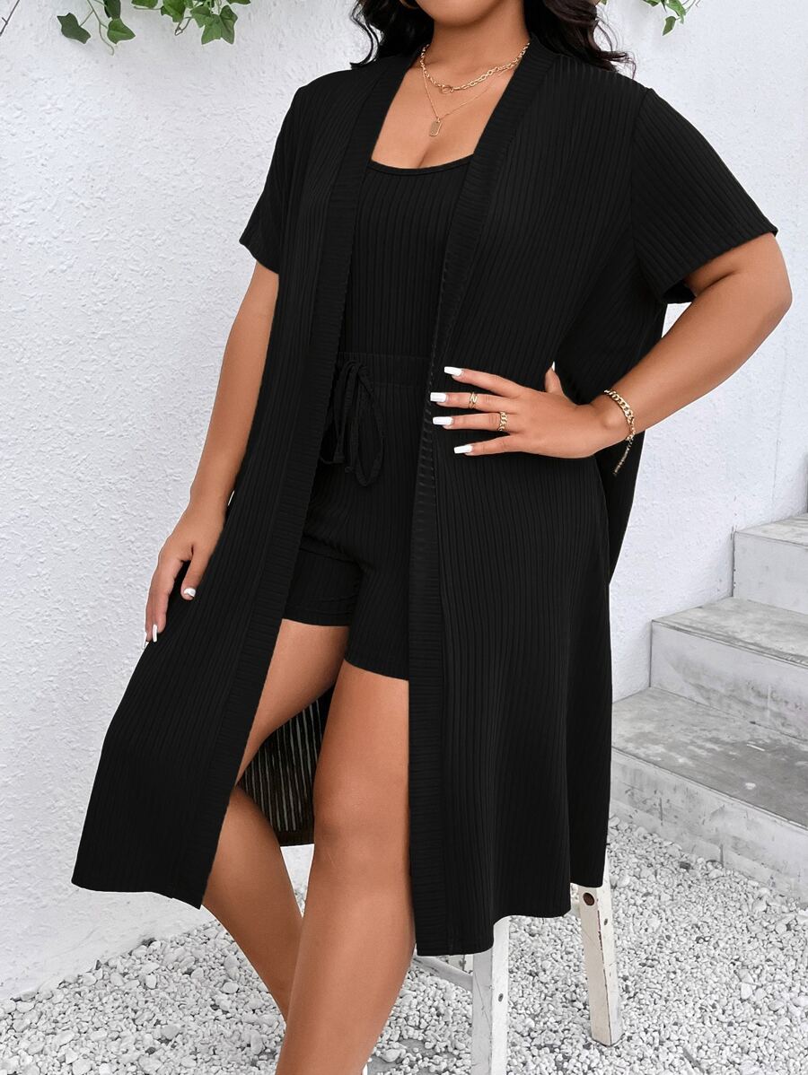 SHEIN LUNE Bộ thời trang Plus Size Thắt nút Gân đan Thắt nơ trước màu trơn Giải trí - màu đen - Xem 1