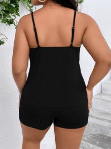 SHEIN LUNE Bộ thời trang Plus Size Thắt nút Gân đan Thắt nơ trước màu trơn Giải trí - màu đen - Xem 2