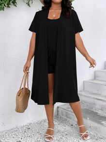 SHEIN LUNE Bộ thời trang Plus Size Thắt nút Gân đan Thắt nơ trước màu trơn Giải trí - màu đen - Xem 3