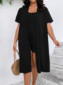 SHEIN LUNE Bộ thời trang Plus Size Thắt nút Gân đan Thắt nơ trước màu trơn Giải trí - màu đen - Xem 5