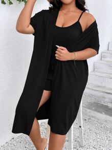 SHEIN LUNE Bộ thời trang Plus Size Thắt nút Gân đan Thắt nơ trước màu trơn Giải trí - màu đen - Xem 6