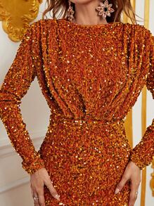 高衩亮片正式連衣裙 - 橘色 - 查看 4