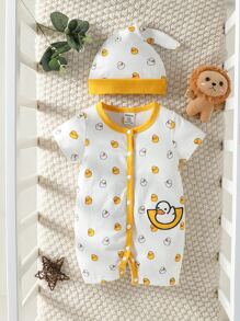 SHEIN Newborn Baby Boy Cartoon Graphic Contrast Binding Romper - White - View 1