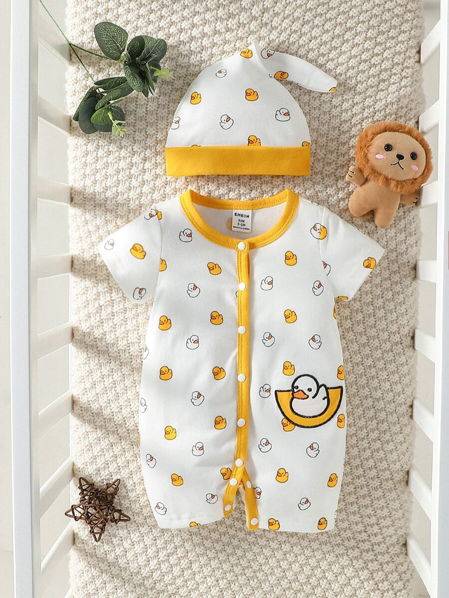 SHEIN Newborn Baby Boy Cartoon Graphic Contrast Binding Romper - White - View 1