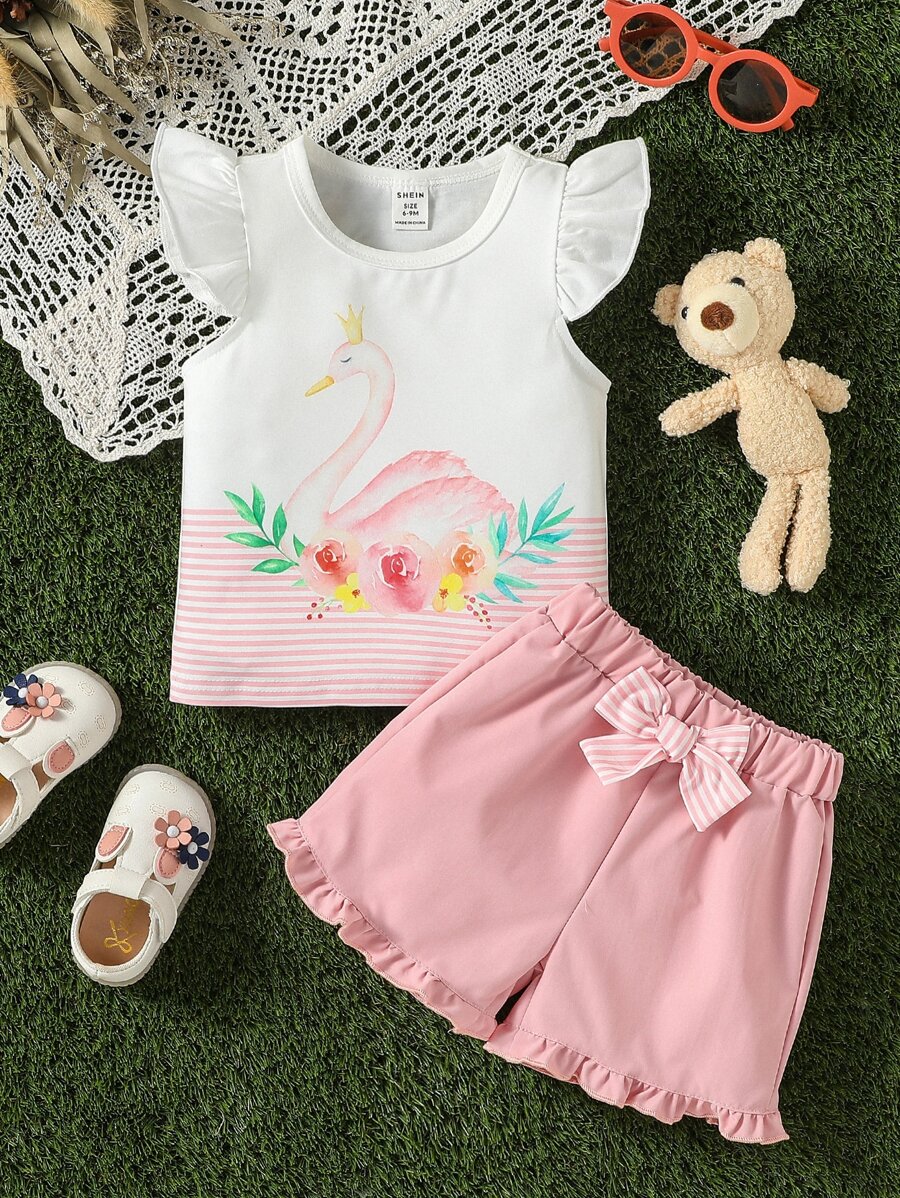 Baby Swan Print Ruffle Trim Tee & Bow Front Shorts - Multicolor - View 1