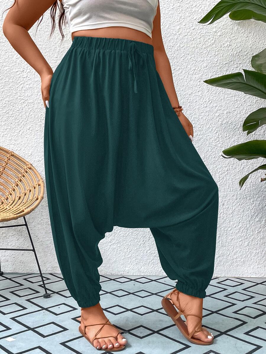 SHEIN LUNE Plus Knot Waist Drop Crotch Trousers - Dark Green - View 1