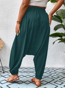 SHEIN LUNE Plus Knot Waist Drop Crotch Trousers - Dark Green - View 2