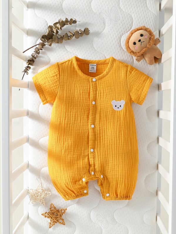 SHEIN Newborn Baby Boy Bear Embroidery Button Front Romper SHEIN USA