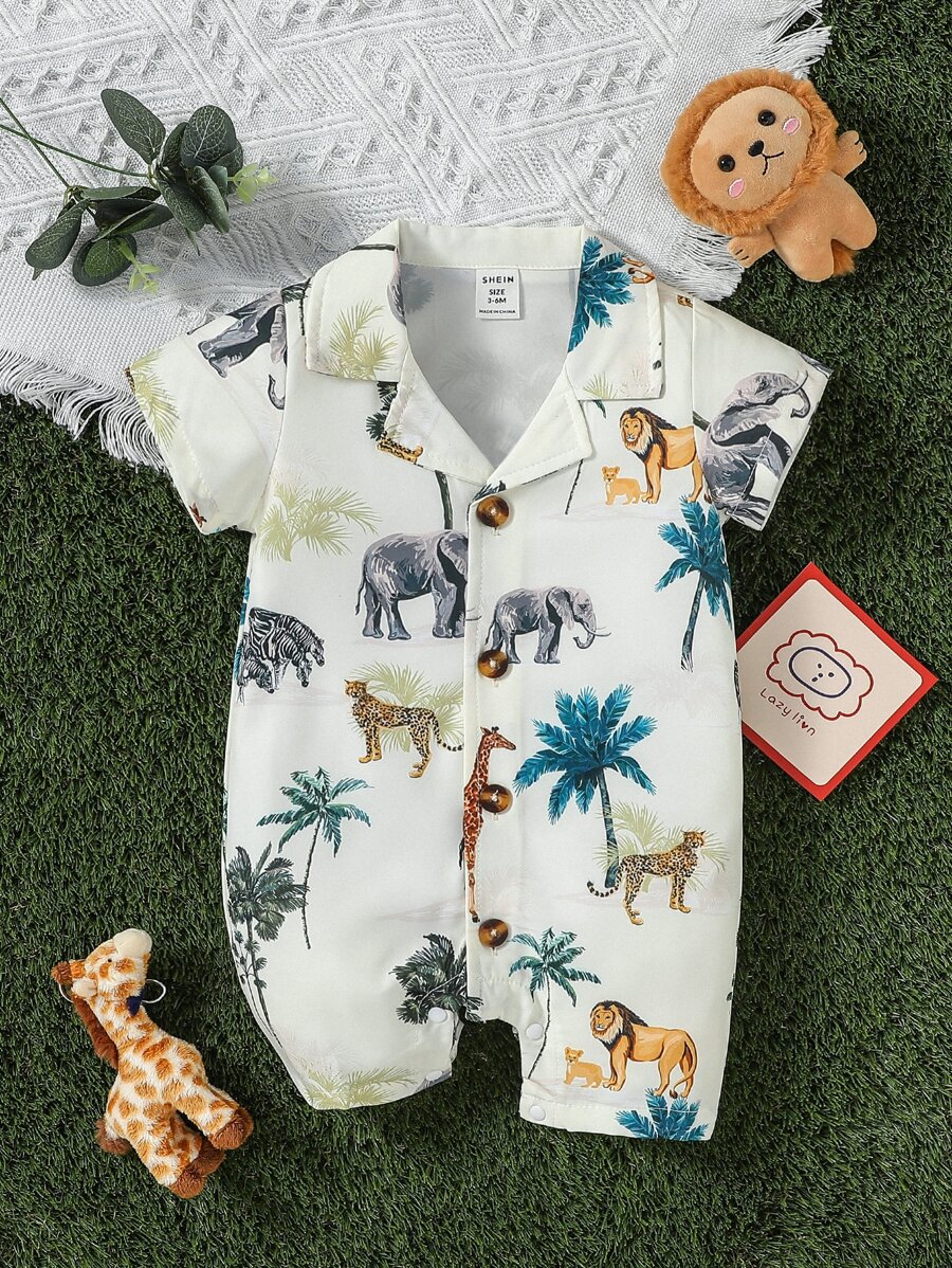 Đứa bé trai Thú vật & Bản in nhiệt đới Áo sơ mi Romper - Màu be - Xem 1