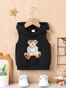 Baby Boy Bear Print Hooded Tank Top - Black - View 1