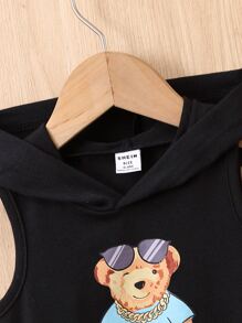 Baby Boy Bear Print Hooded Tank Top - Black - View 4