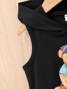 Baby Boy Bear Print Hooded Tank Top - Black - View 5