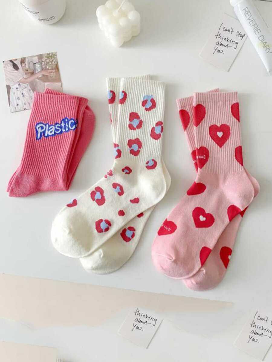 3雙愛心圖案中筒襪 - 彩色 - 查看 1