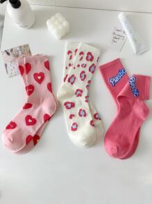 3雙愛心圖案中筒襪 - 彩色 - 查看 2