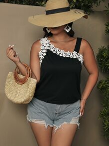 SHEIN Clasi Plus Guipure Lace Asymmetrical Neck Top - Black - View 3