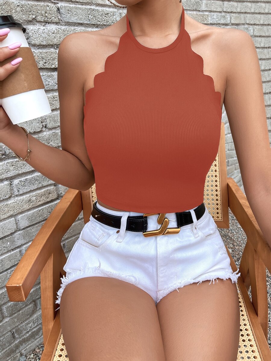 SHEIN Privé Áo khoác và áo lót dành cho xe tăng nữ Lộ Lưng Sò điệp Buộc lại màu trơn Giải trí - Màu Cam cháy - Xem 1