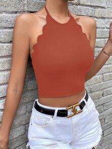 SHEIN Privé Áo khoác và áo lót dành cho xe tăng nữ Lộ Lưng Sò điệp Buộc lại màu trơn Giải trí - Màu Cam cháy - Xem 5