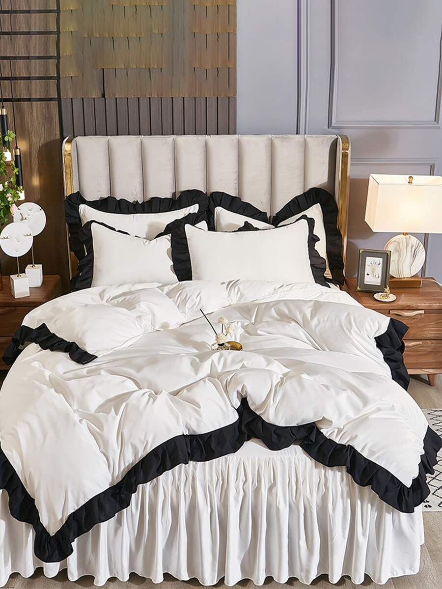 3pcs/set Two Tone Ruffle Trim Duvet Cover Set (1pc Duvet Cover & 2pcs Pillow Case), Minimalist Fabric Bedding Set For All Season - White - View 1