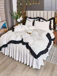 3pcs/set Two Tone Ruffle Trim Duvet Cover Set (1pc Duvet Cover & 2pcs Pillow Case), Minimalist Fabric Bedding Set For All Season - White - View 2