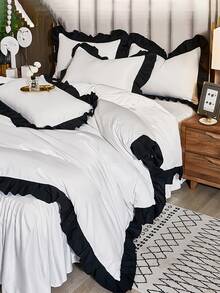 3pcs/set Two Tone Ruffle Trim Duvet Cover Set (1pc Duvet Cover & 2pcs Pillow Case), Minimalist Fabric Bedding Set For All Season - White - View 4