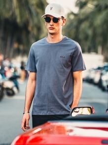 Hombres Camiseta con diseño de parche - Azul Marino - Ver 3