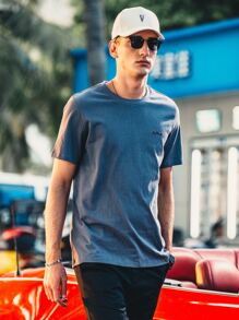 Hombres Camiseta con diseño de parche - Azul Marino - Ver 4