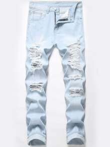 Hombres Jeans ajustados desgarro crudo