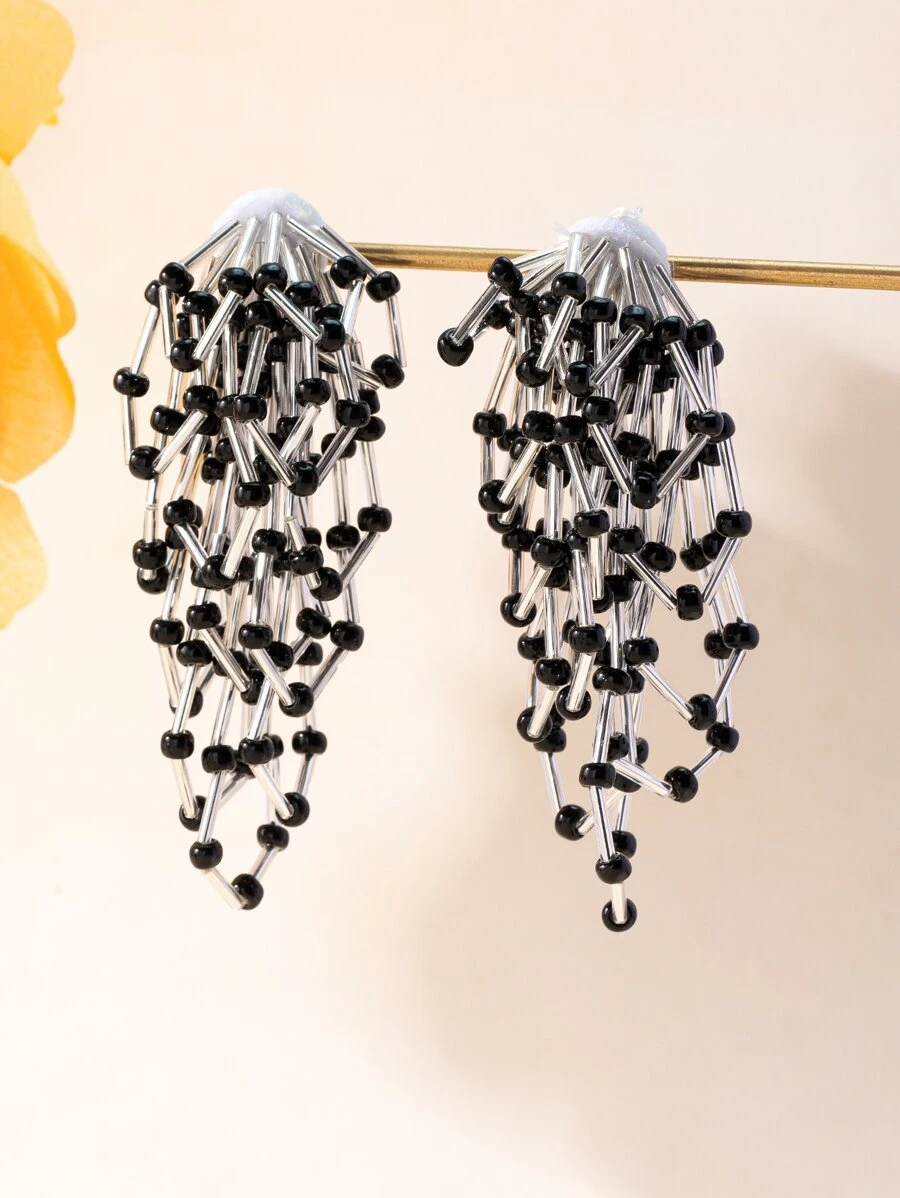 Bead Tassel Drop Earrings - Black and White - View 1
