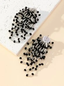 Bead Tassel Drop Earrings - Black and White - View 2