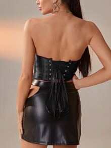 Hook And Eye Front Lace Up Tube Corset Top - Black - View 2