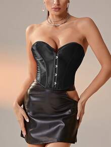 Hook And Eye Front Lace Up Tube Corset Top - Black - View 4