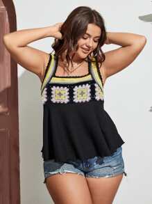 SHEIN Holidaya Top floral panel de croché ancho con tira - Negro - Ver 4