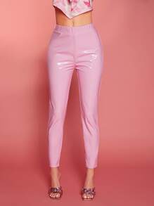 SHEIN ICON Solid PU Leather Skinny Pants - Baby Pink - View 2