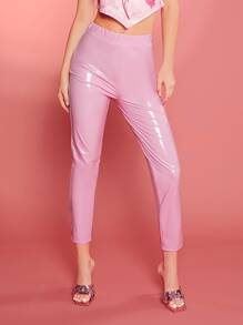 SHEIN ICON Solid PU Leather Skinny Pants - Baby Pink - View 3