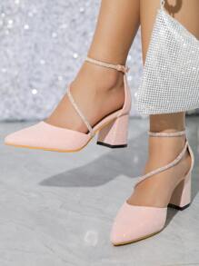 Women Rhinestone Decor Point Toe Chunky Heeled Pumps, Glamorous Glitter Ankle Strap Pumps For Party - Pink - View 1