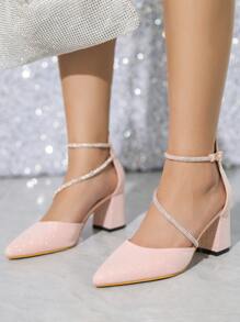 Women Rhinestone Decor Point Toe Chunky Heeled Pumps, Glamorous Glitter Ankle Strap Pumps For Party - Pink - View 2