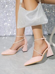 Women Rhinestone Decor Point Toe Chunky Heeled Pumps, Glamorous Glitter Ankle Strap Pumps For Party - Pink - View 3