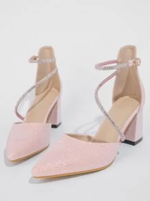 Women Rhinestone Decor Point Toe Chunky Heeled Pumps, Glamorous Glitter Ankle Strap Pumps For Party - Pink - View 4