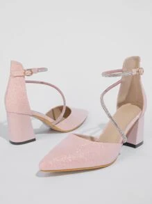 Women Rhinestone Decor Point Toe Chunky Heeled Pumps, Glamorous Glitter Ankle Strap Pumps For Party - Pink - View 5
