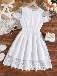 Girls Cold Shoulder Lace Overlay Dress - White - View 1