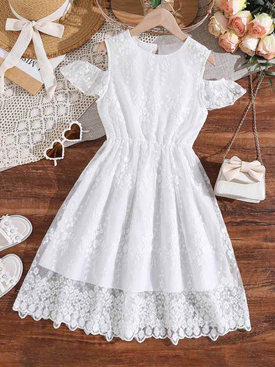Girls Cold Shoulder Lace Overlay Dress - White - View 1