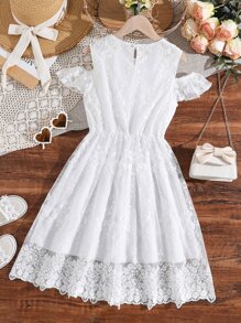 Girls Cold Shoulder Lace Overlay Dress - White - View 2