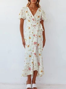 Floral Print Butterfly Sleeve Ruffle Trim Wrap Knot Side Dress - White - View 1