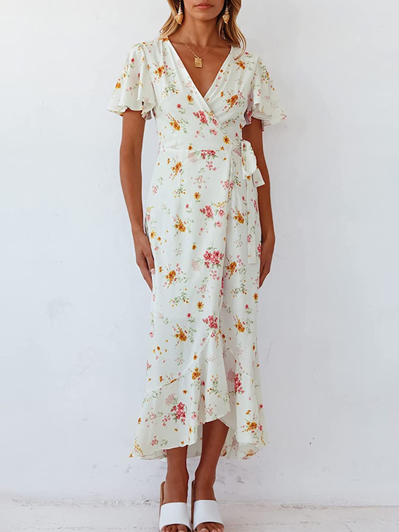 Floral Print Butterfly Sleeve Ruffle Trim Wrap Knot Side Dress - White - View 1