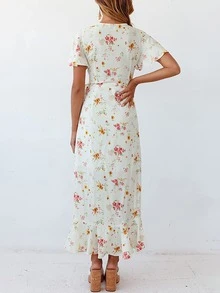 Floral Print Butterfly Sleeve Ruffle Trim Wrap Knot Side Dress - White - View 2