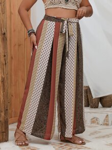 SHEIN LUNE Plus Geo Print Belted Wide Leg Trousers - Multicolor - View 1