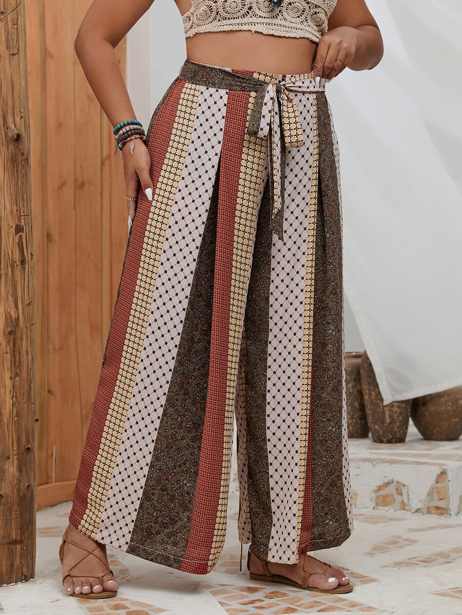SHEIN LUNE Plus Geo Print Belted Wide Leg Trousers - Multicolor - View 1